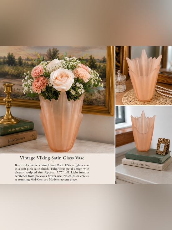 viking Other - Vintage Viking Art Glass Pink Satin Frosted Tulip Vase Hand Made USA 7.75"